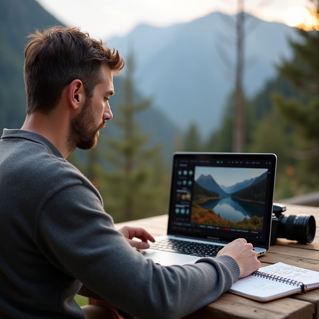 Student urmărind curs online de fotografie pe laptop în natură